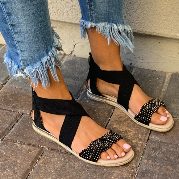 Cordani Shoes - Black Elasticize Straps Studs Vamp Espadrille Flat